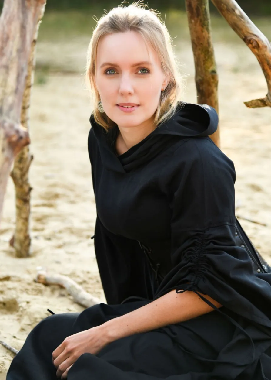 Mittelalter Kleid Isra mit Trompetenärmeln, schwarz