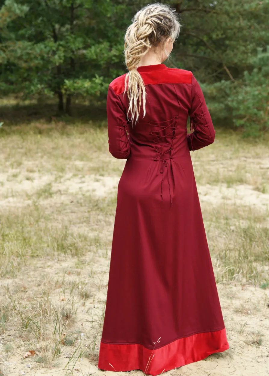 Mittelalterkleid Meira mit Samt-Details, weinrot