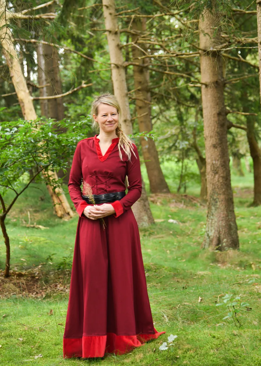Mittelalterkleid Meira mit Samt-Details, weinrot