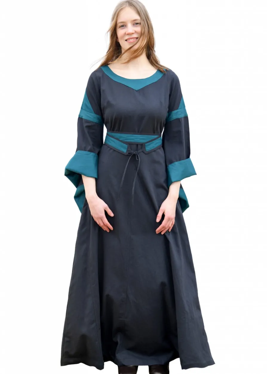 Mittelalterkleid mit Gürtel, Bliaut Konstanze, dunkelblau