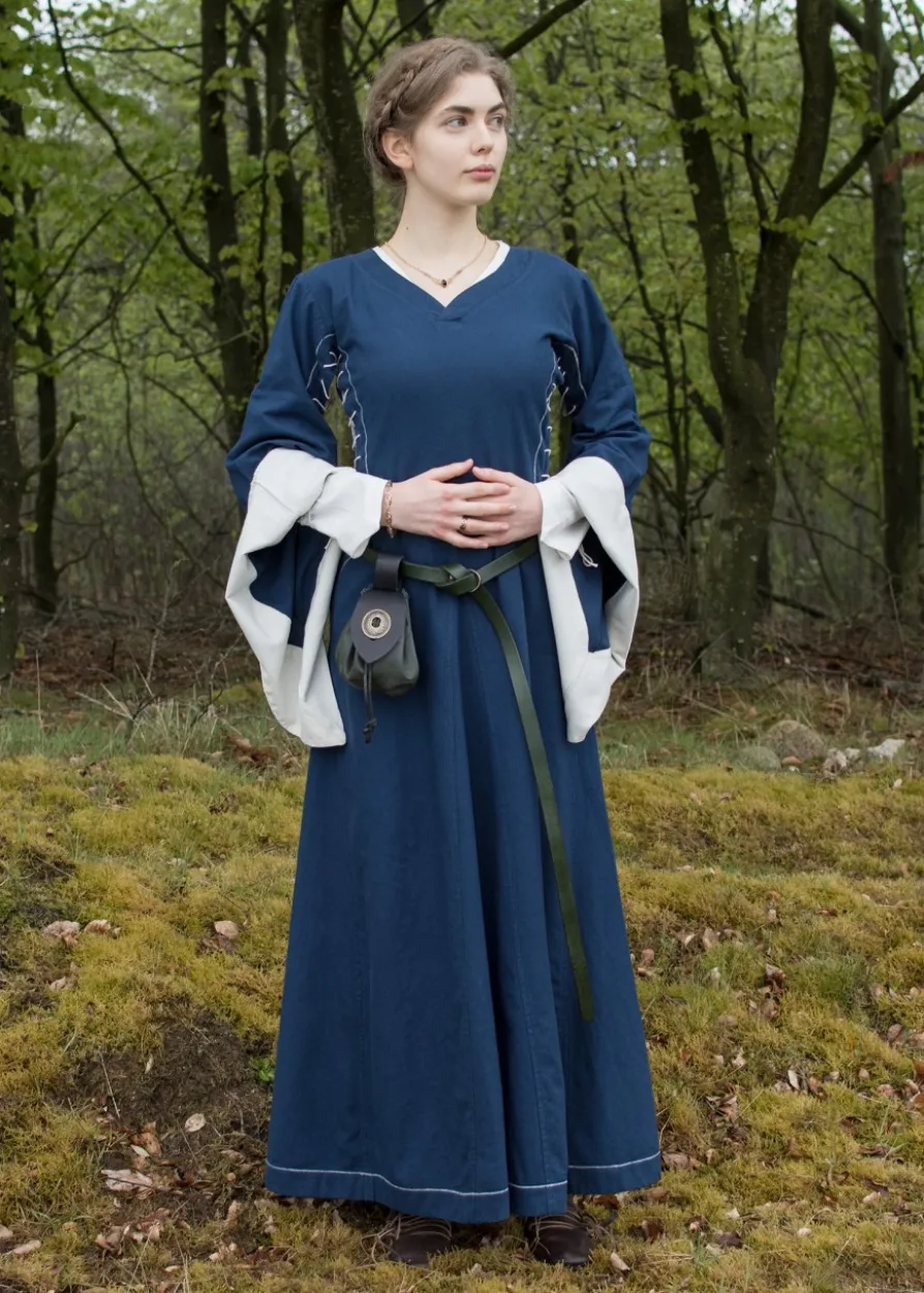 Mittelalterkleid mit Höllenfenstern, Bliaut Amal, blau/natur