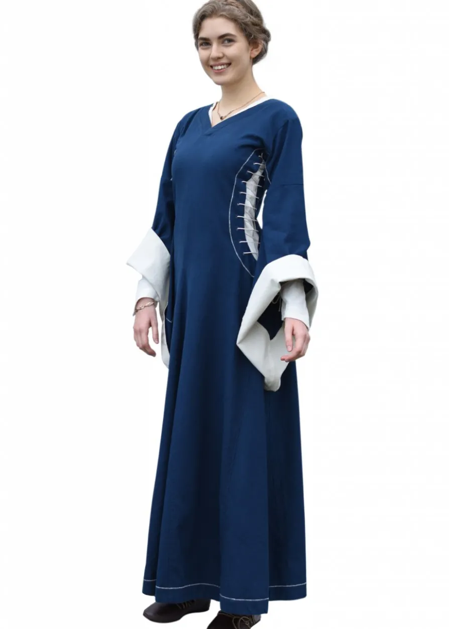 Mittelalterkleid mit Höllenfenstern, Bliaut Amal, blau/natur