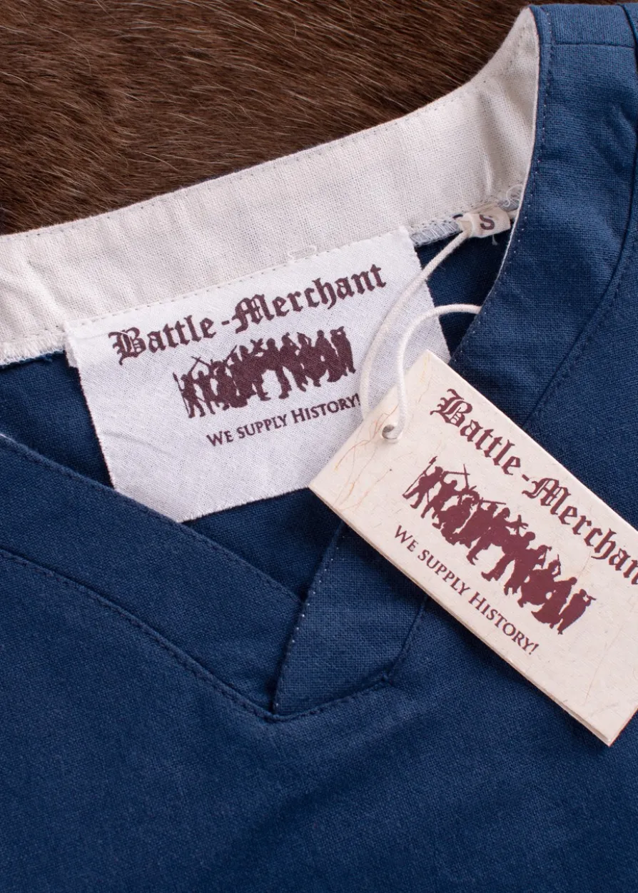 Mittelalterkleid mit Höllenfenstern, Bliaut Amal, blau/natur