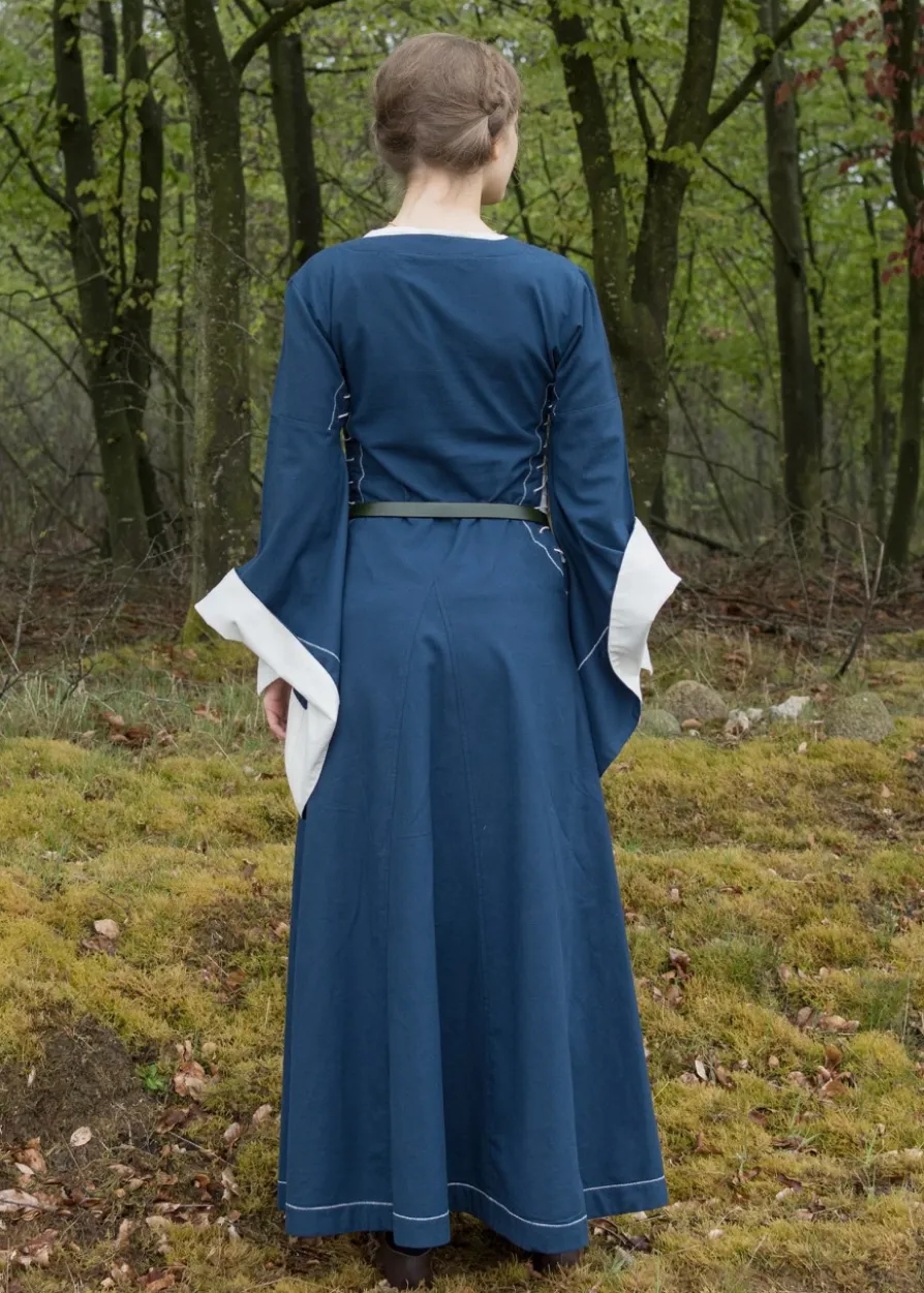 Mittelalterkleid mit Höllenfenstern, Bliaut Amal, blau/natur
