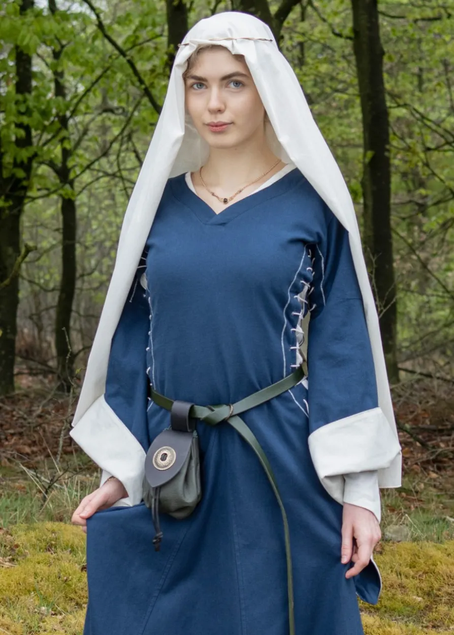 Mittelalterkleid mit Höllenfenstern, Bliaut Amal, blau/natur