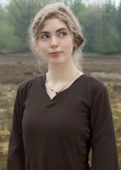 Mittelalterkleid mit Höllenfenstern, Bliaut Amal, braun