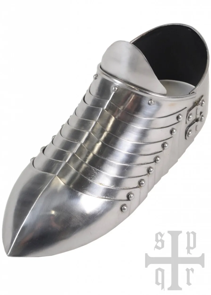 Mittelalterliche Sabatons, Panzerschuhe, 14. Jh., 1,5 mm Stahl, Paar