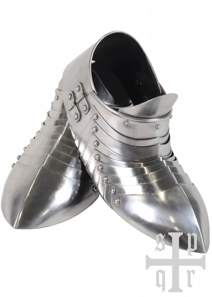 Mittelalterliche Sabatons, Panzerschuhe, 14. Jh., 1,5 mm Stahl, Paar