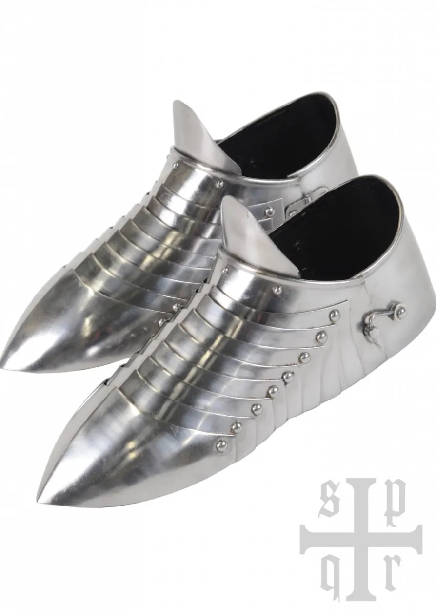 Mittelalterliche Sabatons, Panzerschuhe, 14. Jh., 1,5 mm Stahl, Paar
