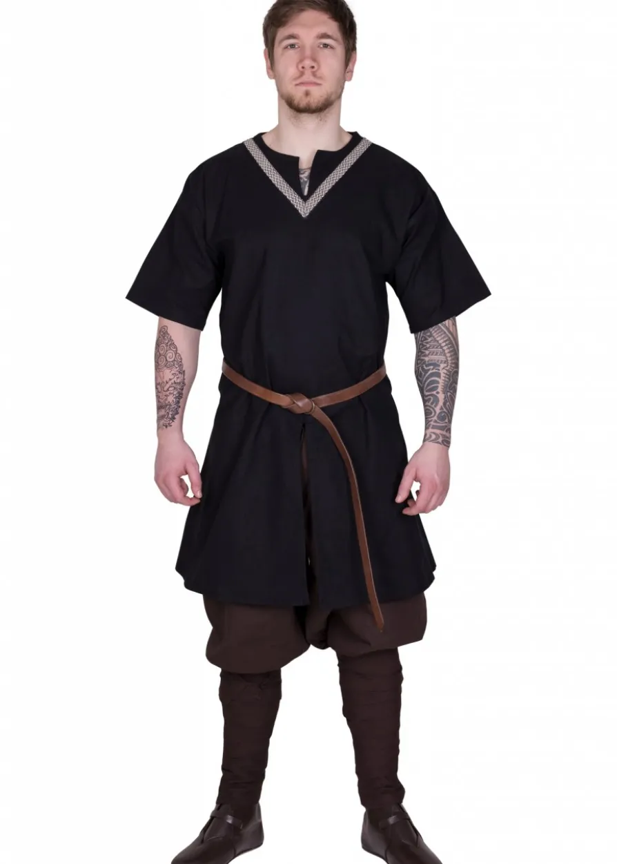 Mittelalter-Tunika Ailrik mit Bordüre, kurzarm, schwarz