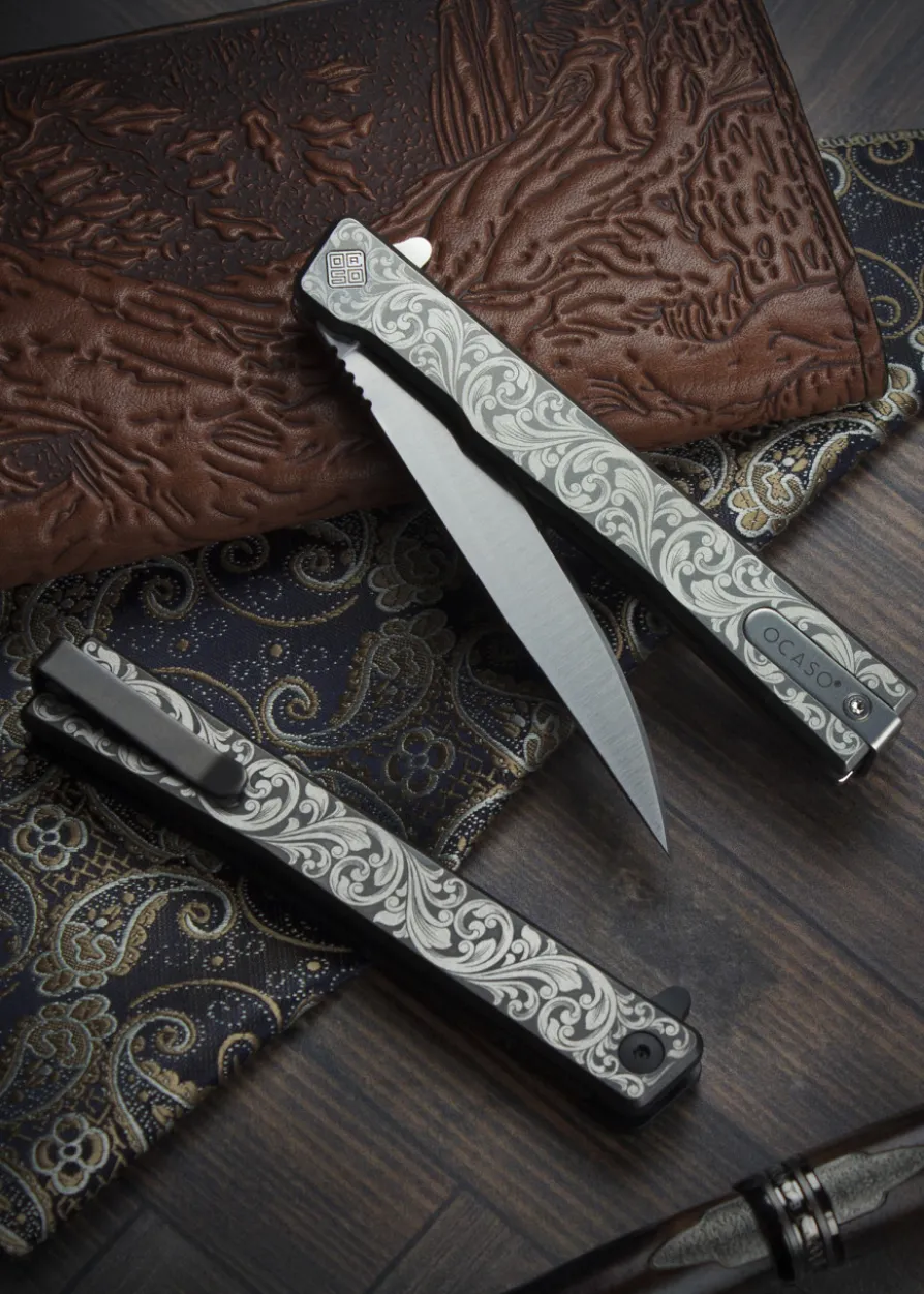 Ocaso Knives, SOLSTICE ENGRAVED TITANIUM, SATIN, SCROLL, Taschenmesser
