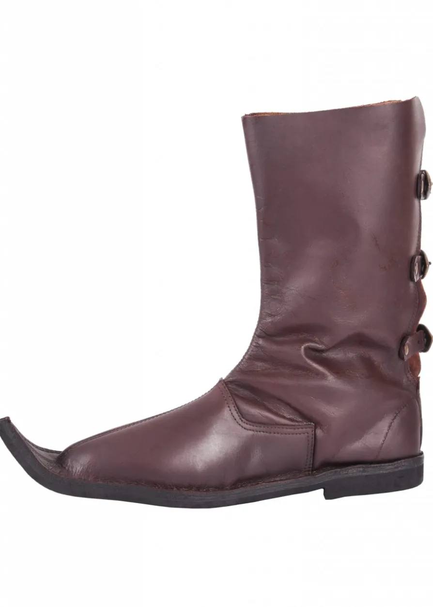 Schnabelstiefel mit drei Schnallen, dunkelbraun
