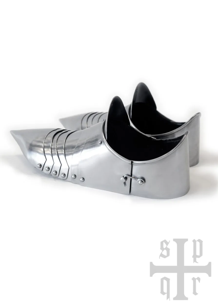 Spitze Mittelalterliche Sabatons, Panzerschuhe, 14. Jh., 1,5 mm Stahl, Paar