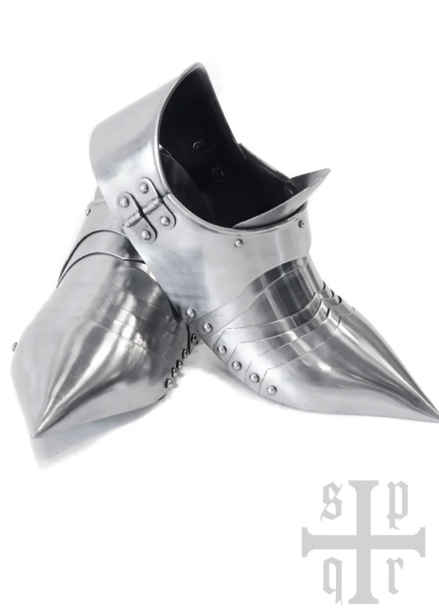Spitze Mittelalterliche Sabatons, Panzerschuhe, 14. Jh., 1,5 mm Stahl, Paar