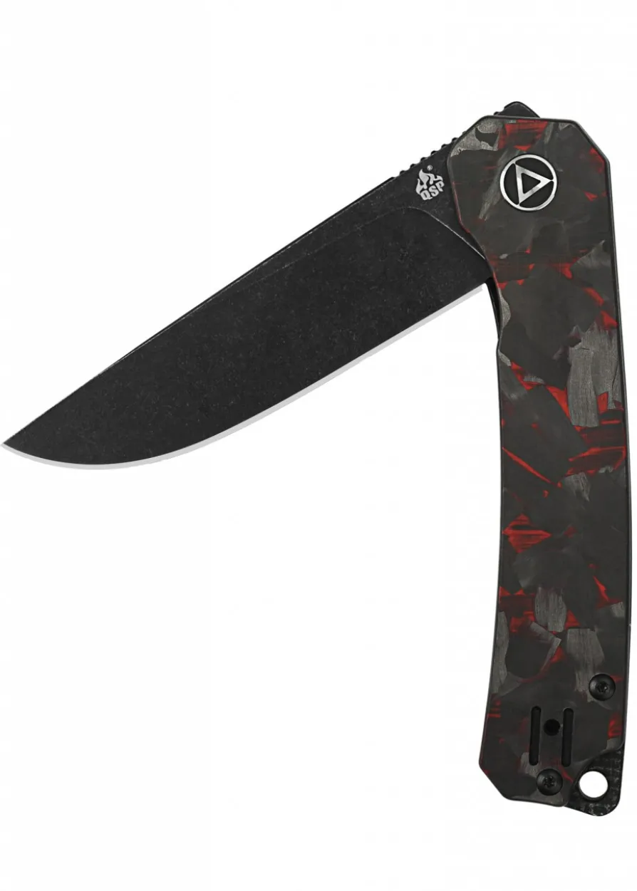 Taschenmesser Osprey, Schwarze stonewashed Klinge, shredded CF overlay G10, rot