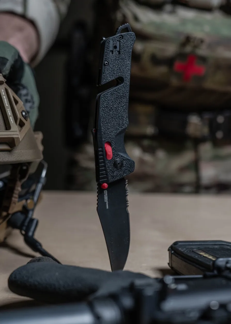 Taschenmesser Trident AT, schwarz, rot, Teilwellenschliff, SOG