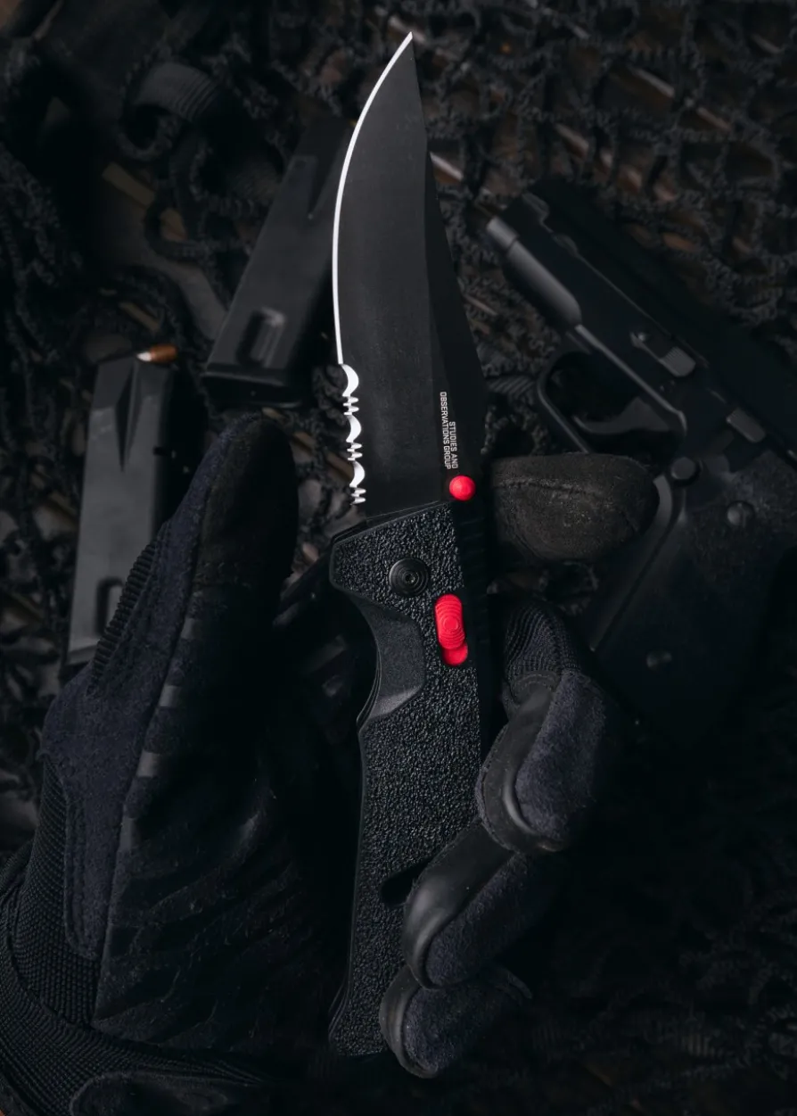 Taschenmesser Trident AT, schwarz, rot, Teilwellenschliff, SOG
