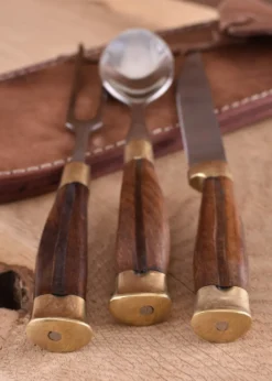 3-teiliges Mittelalterbesteck mit Lederetui, Holzgriff