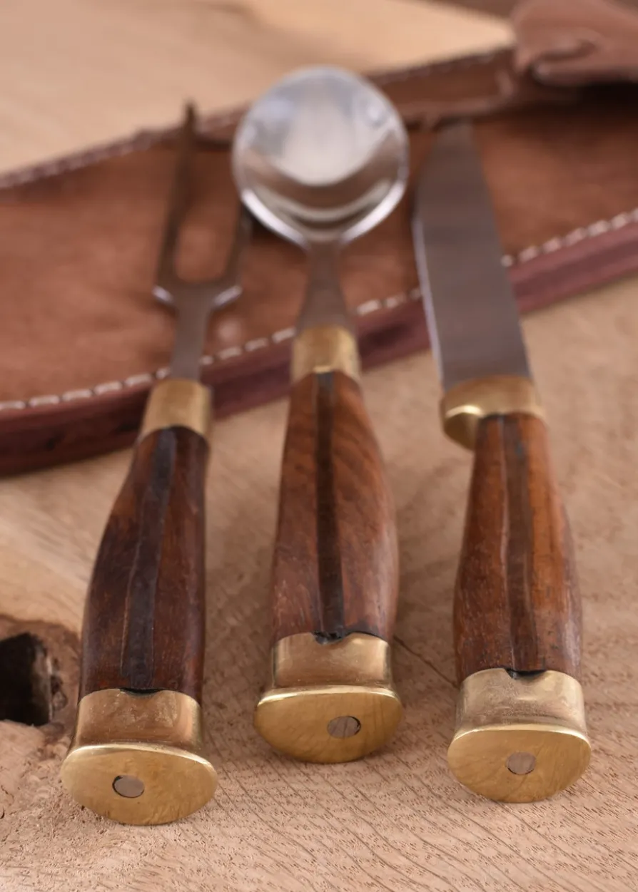 3-teiliges Mittelalterbesteck mit Lederetui, Holzgriff