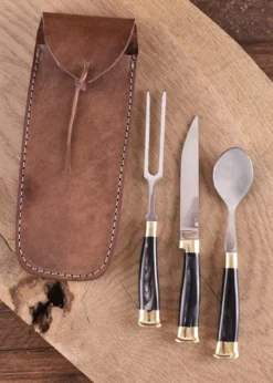3-teiliges Mittelalterbesteck mit Lederetui, Horngriff