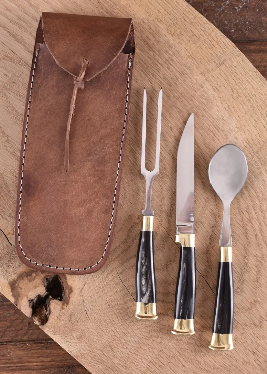 3-teiliges Mittelalterbesteck mit Lederetui, Horngriff
