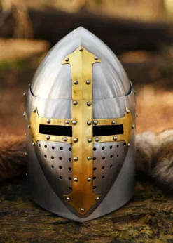Topfhelm mit klappbarem Visier, 1,6 mm Stahl, poliert
