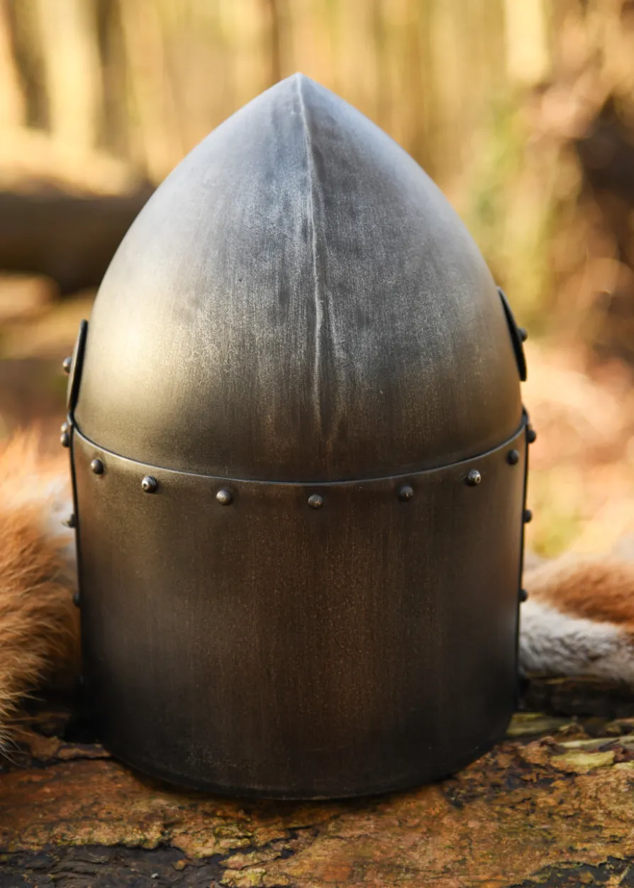 Topfhelm mit klappbarem Visier, 1,6 mm Stahl, Antikfinish