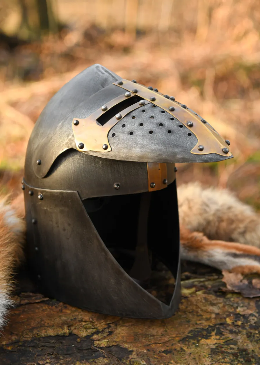 Topfhelm mit klappbarem Visier, 1,6 mm Stahl, Antikfinish