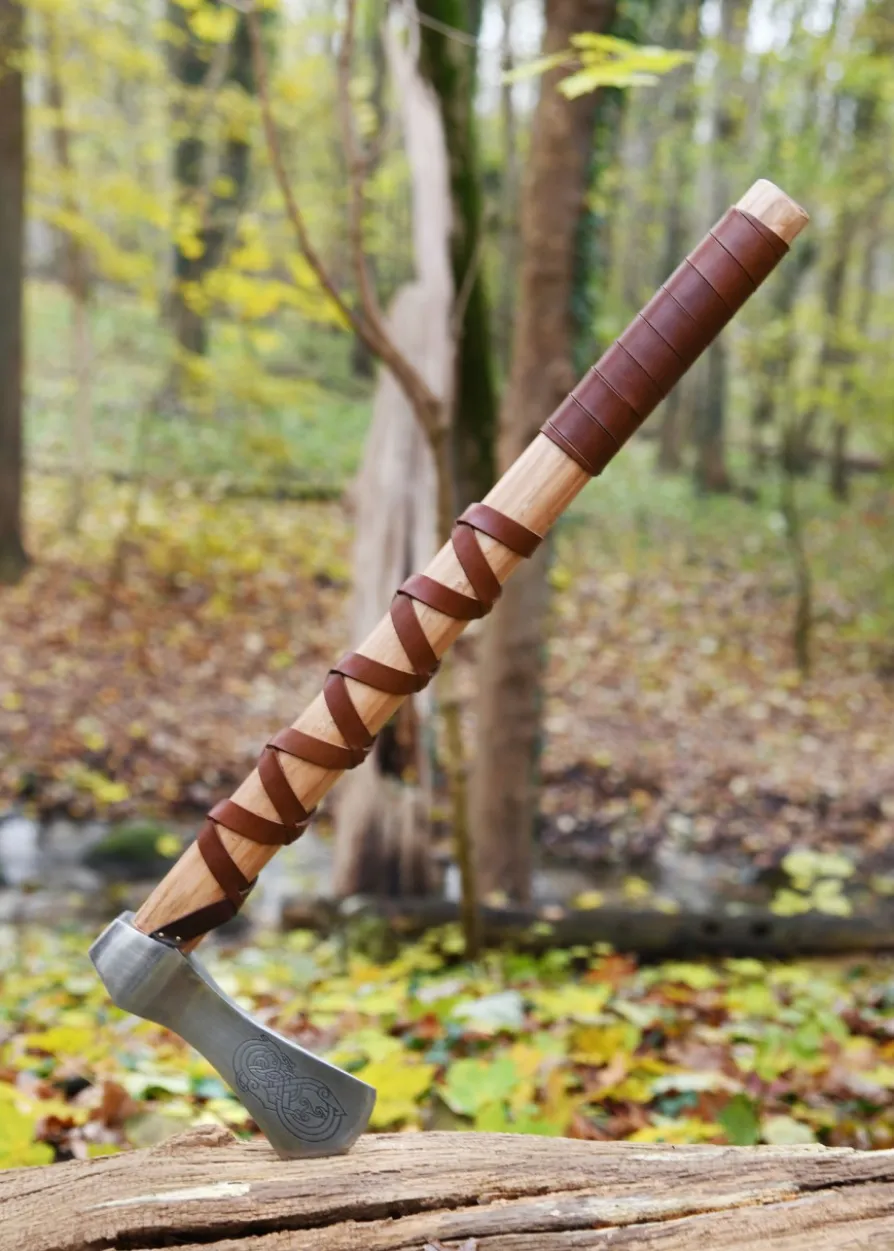 Wikinger-Axt aus Stahl, gegossen, Typ A, mit Gravur und Lederwicklung