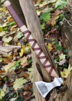 Wikinger-Axt aus Stahl, gegossen, Typ E, mit Gravur und Lederwicklung