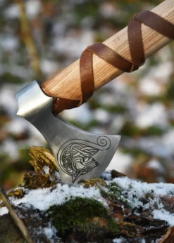 Wikinger-Axt aus Stahl, gegossen, Typ G, mit Gravur und Lederwicklung