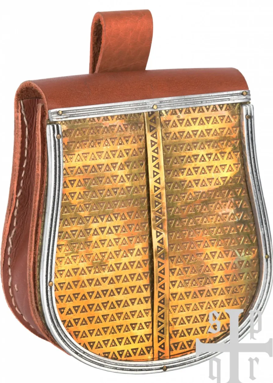 Wikinger Gürteltasche aus braunem Leder mit Frontklappe aus Messing