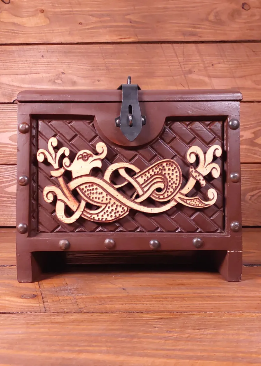Wikinger Holzkiste mit Midgardschlangen-Motiv, ca. 33 x 25 x 28 cm, mit Mängeln
