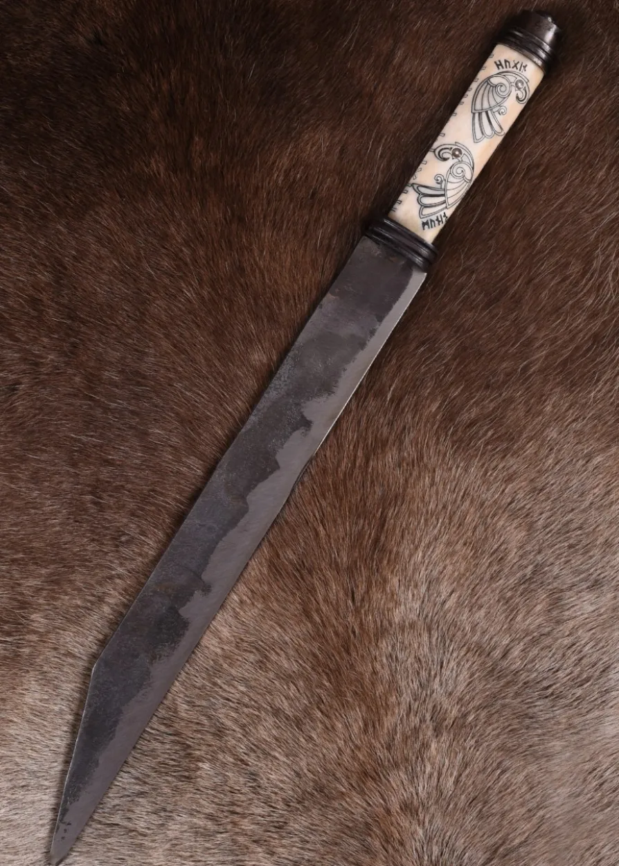 Wikinger-Langsax, Knochengriff mit nordischen Raben Hugin und Munin