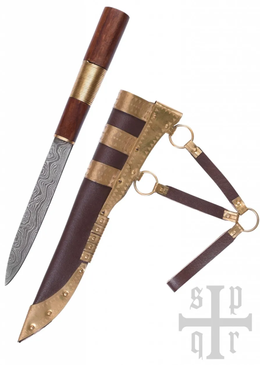 Wikinger-Messer aus Damaststahl mit Holz-/Messinggriff
