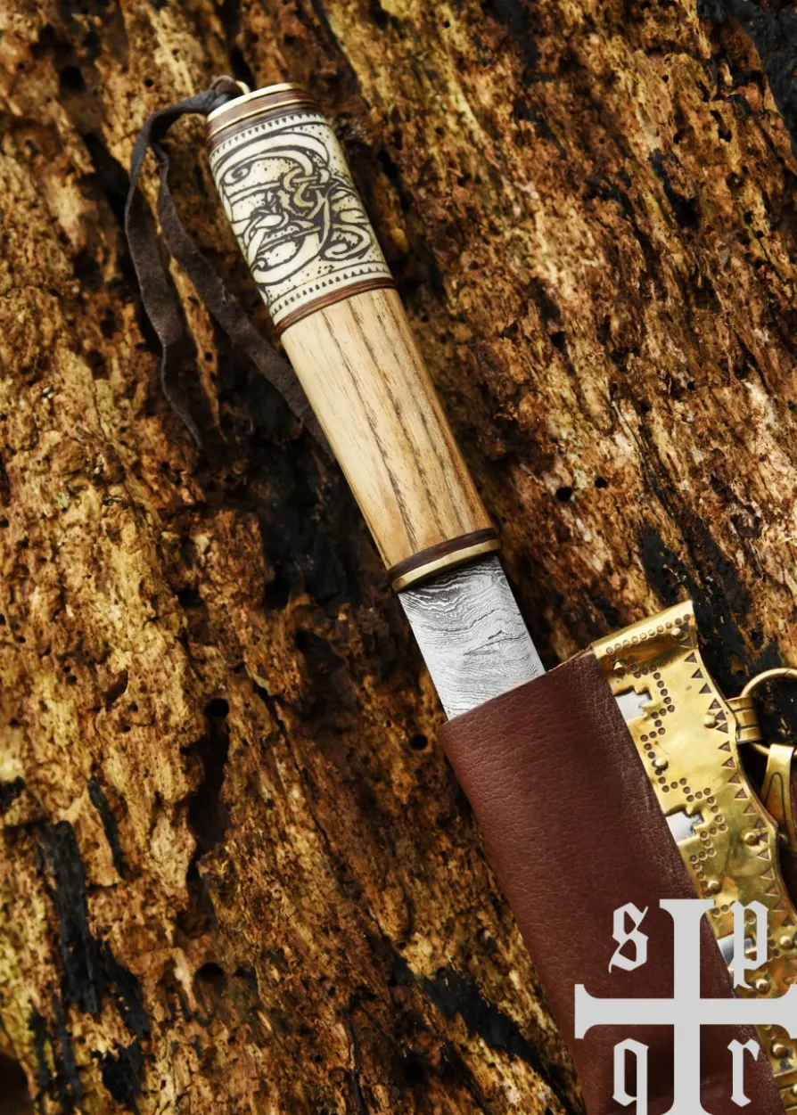 Wikinger-Messer, Damaststahl, Holz-/Knochengriff m. Knotenmuster