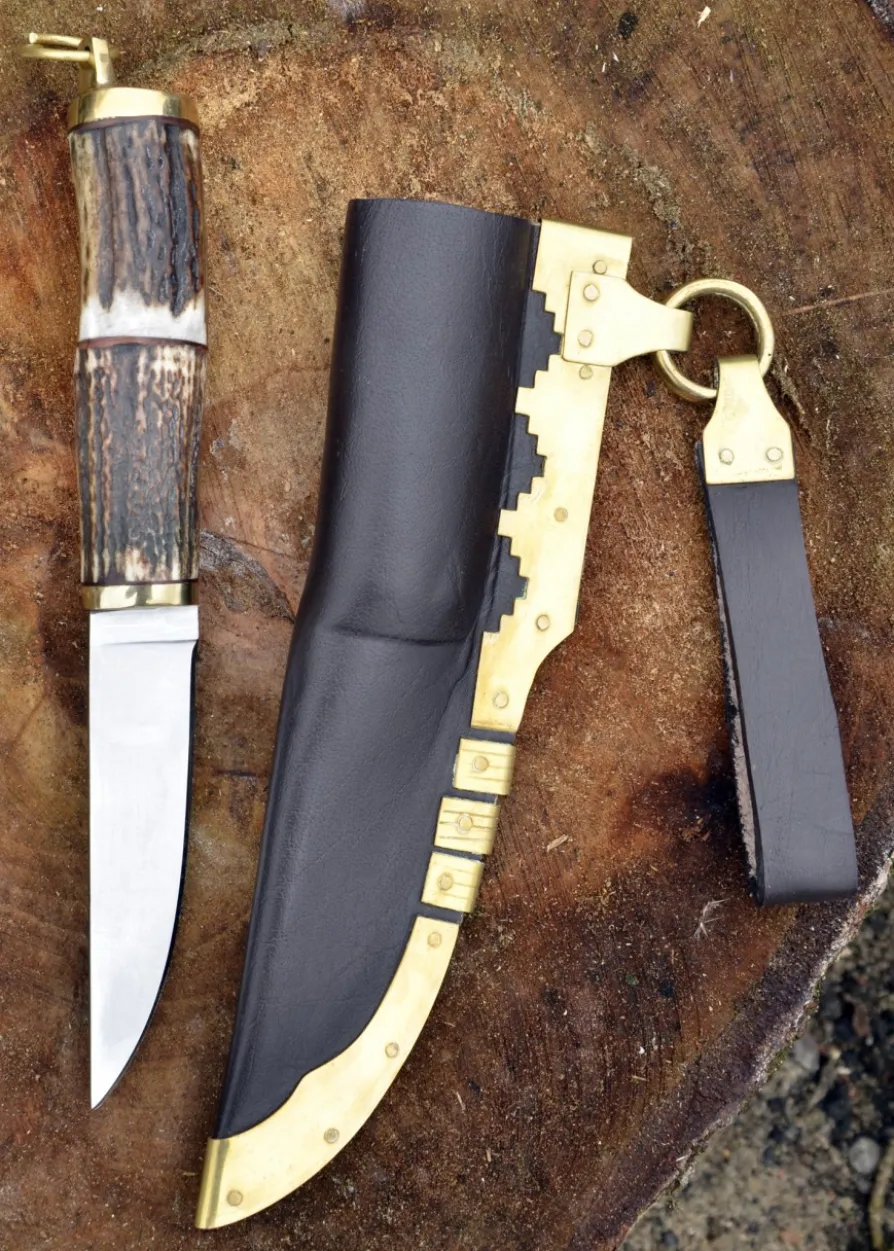 Wikinger Messer mit Hirschhorngriff und Scheide aus Leder