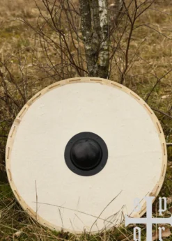 Wikinger Rundschild aus Holz und Segeltuch, mit Eisenbuckel