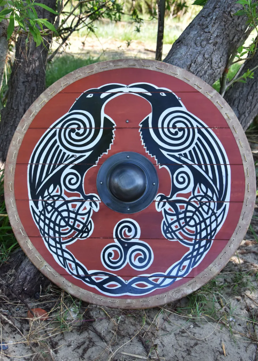 Wikingerschild 'Hugin & Munin' mit Rohhaut-Umrandung, 80 cm