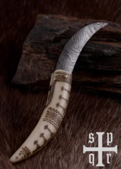 Wikinger-Taschenmesser aus Damaststahl mit Knochengriff