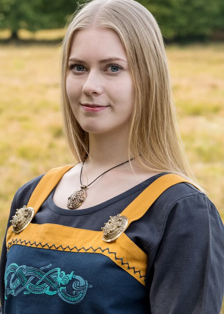 Wikinger Trägerkleid / Schürzenkleid Hilja mit Stickerei, blau