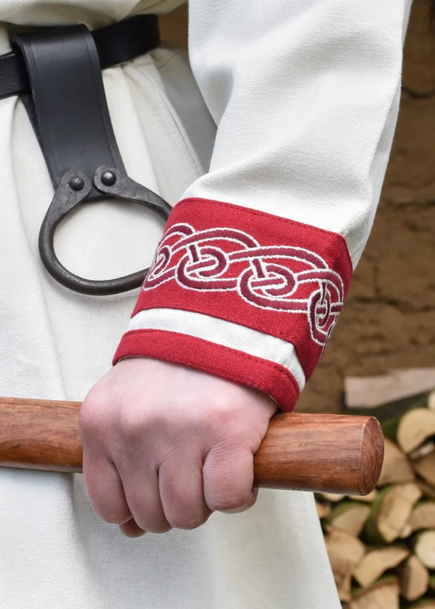 Wikinger Tunika Halvar mit Stickerei, natur/rot