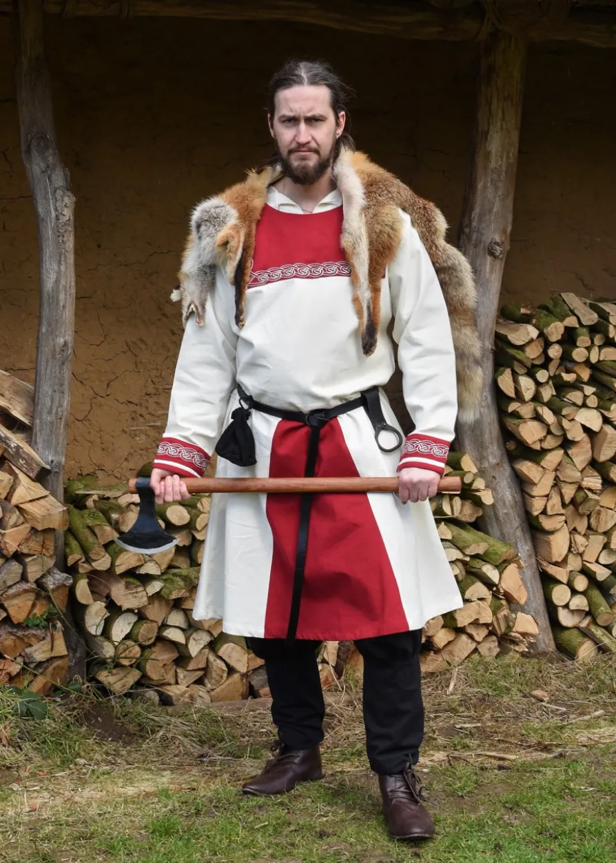 Wikinger Tunika Halvar mit Stickerei, natur/rot