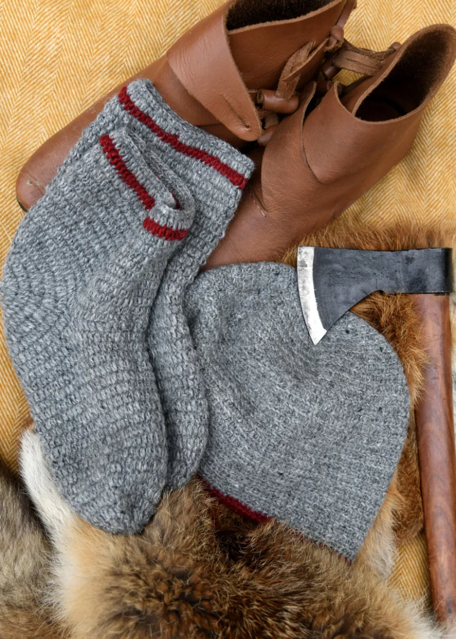 Wollsocken, gehäkelt, grau-weinrot