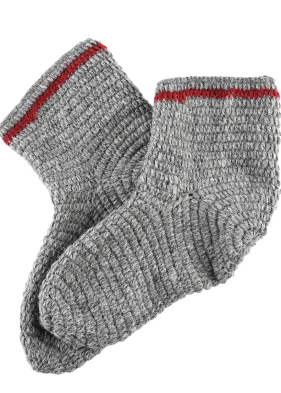 Wollsocken, gehäkelt, grau-weinrot