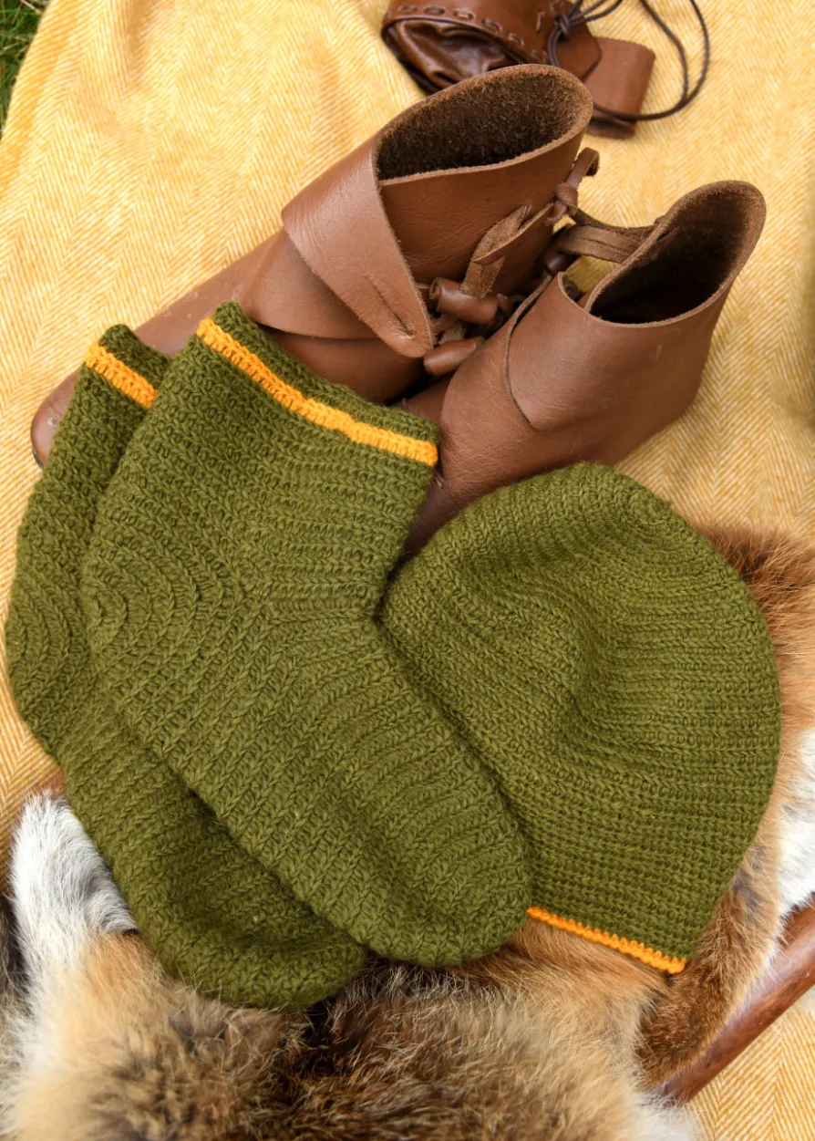 Wollsocken, gehäkelt, grün-gelb