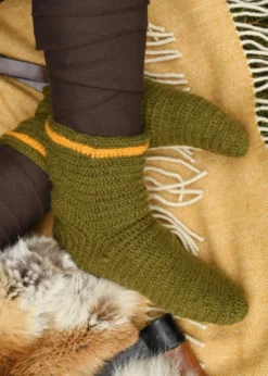 Wollsocken, gehäkelt, grün-gelb