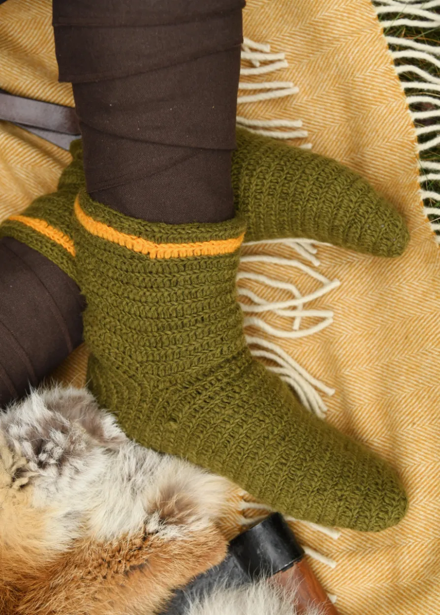 Wollsocken, gehäkelt, grün-gelb