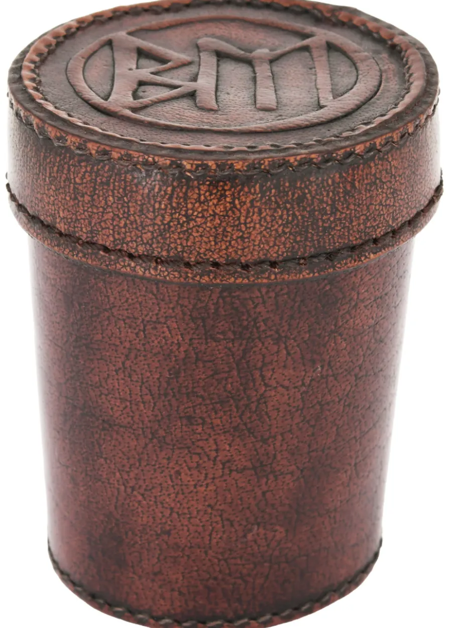 Würfelbecher aus Leder mit Deckel, BM-Prägung, braun