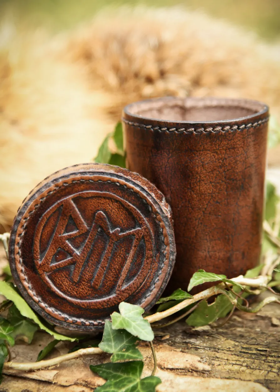 Würfelbecher aus Leder mit Deckel, BM-Prägung, braun